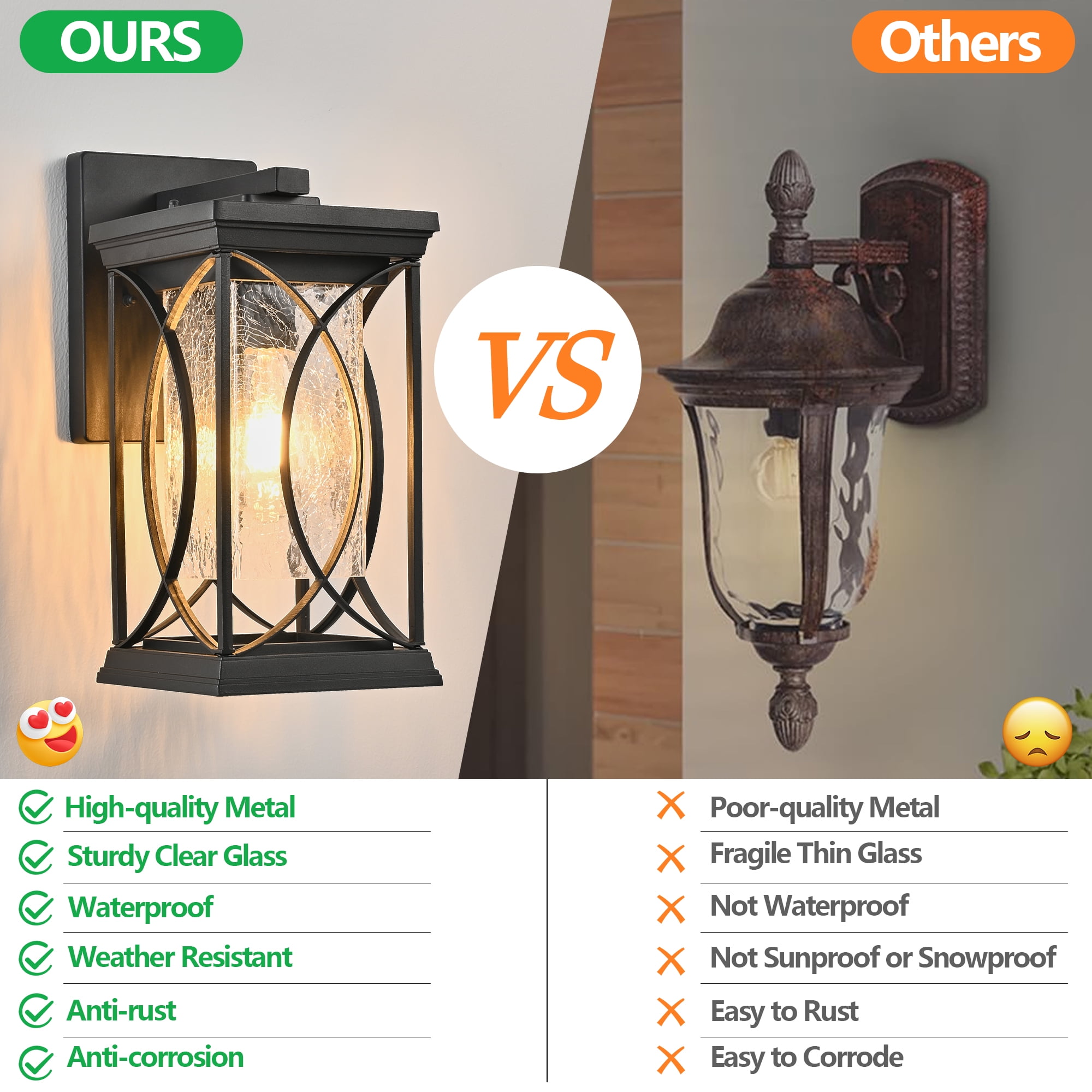 Black Outdoor Wall Lantern 14 Inch H with Crackled Glass Weather-Resistant Exterior Light for Porch, Black