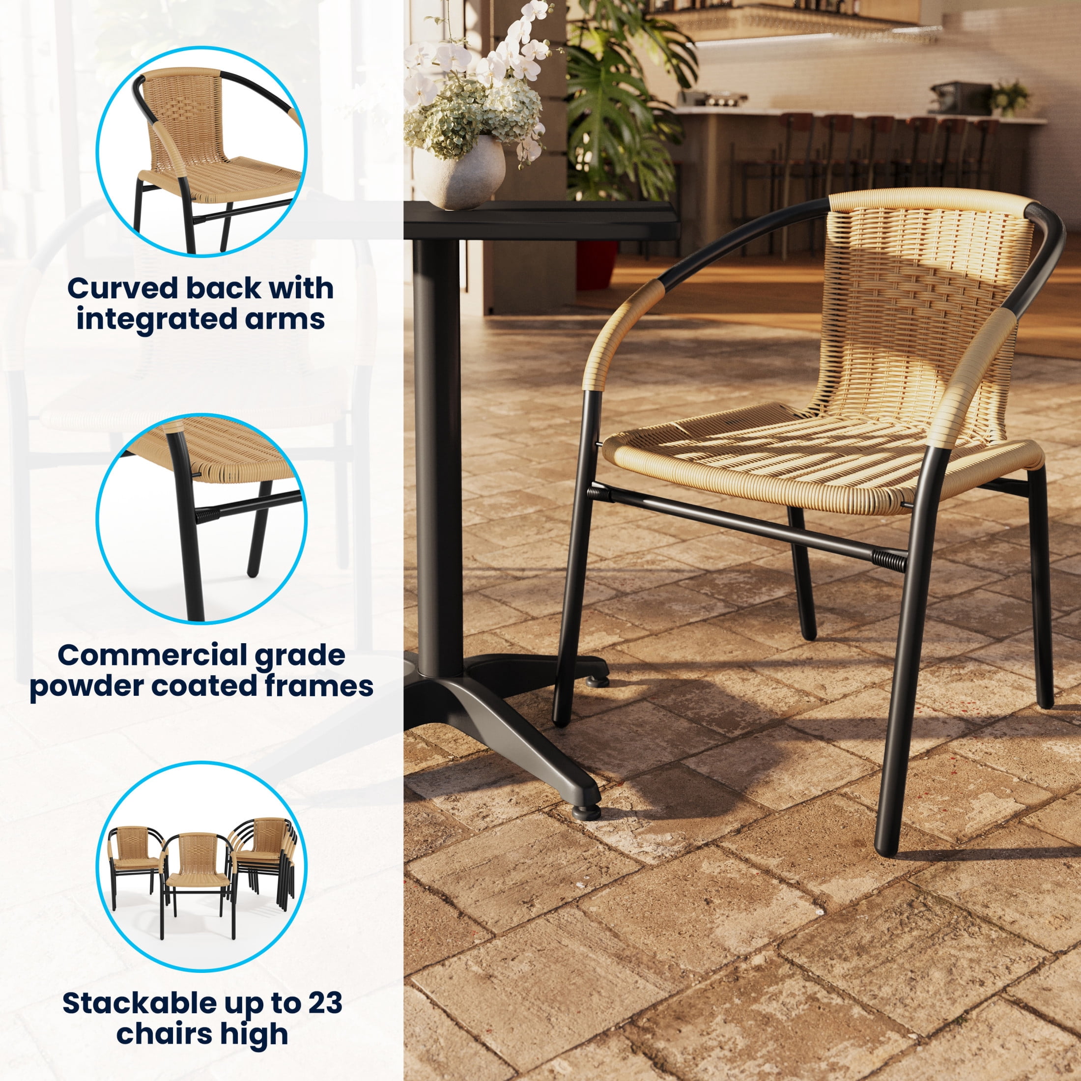 Flash Furniture Set of 4 Commercial Grade Beige Rattan Indoor-Outdoor Restaurant Stack Chairs