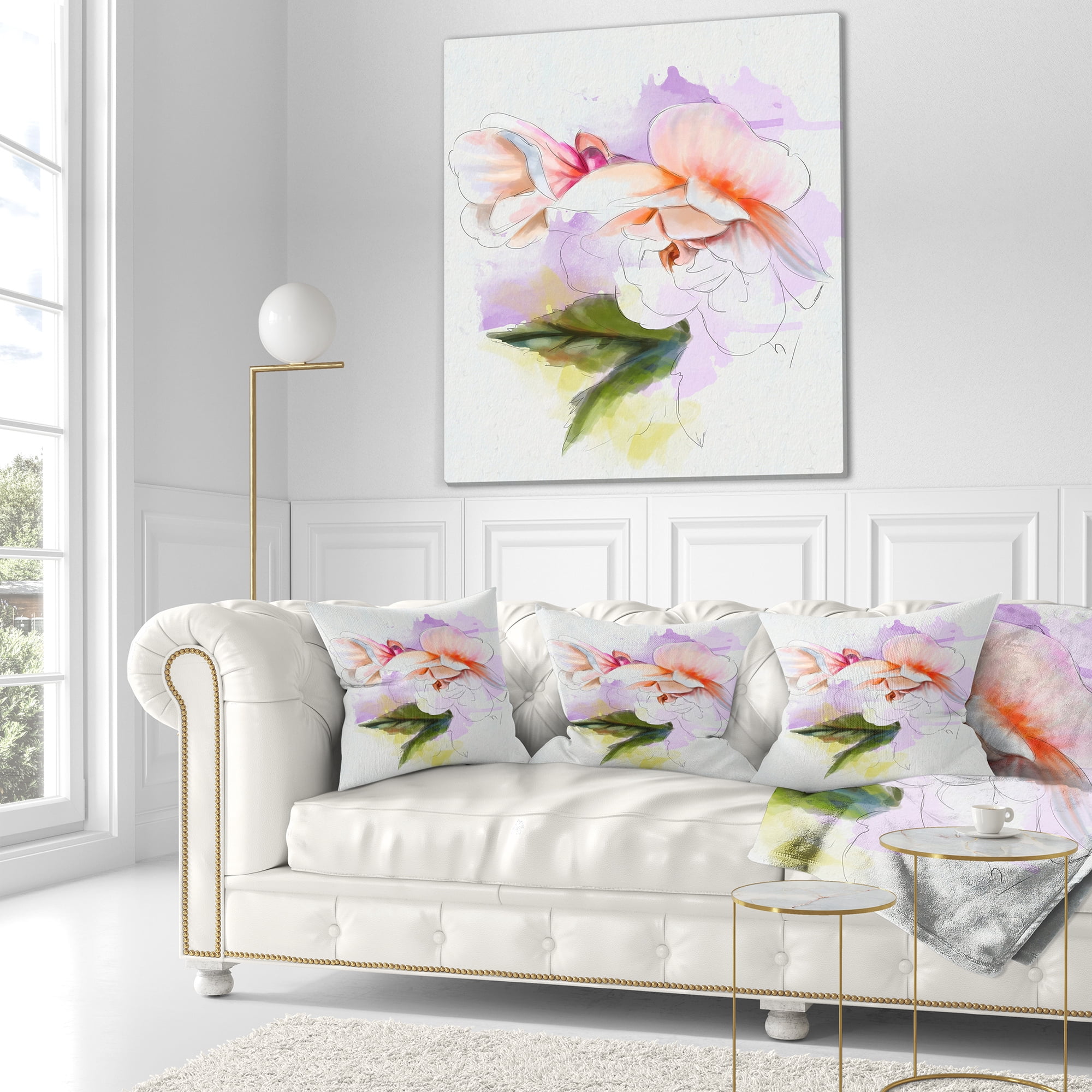 Designart White Begonia Flower Watercolor - Floral Throw Pillow - 18x18