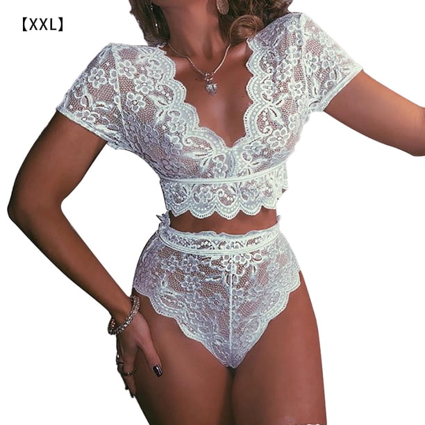 Ropa interior sexy Suave fibra elástica Gancho Flor Encantador empalme Traje sexy, XXL, Blanco Inevent XX000128-10