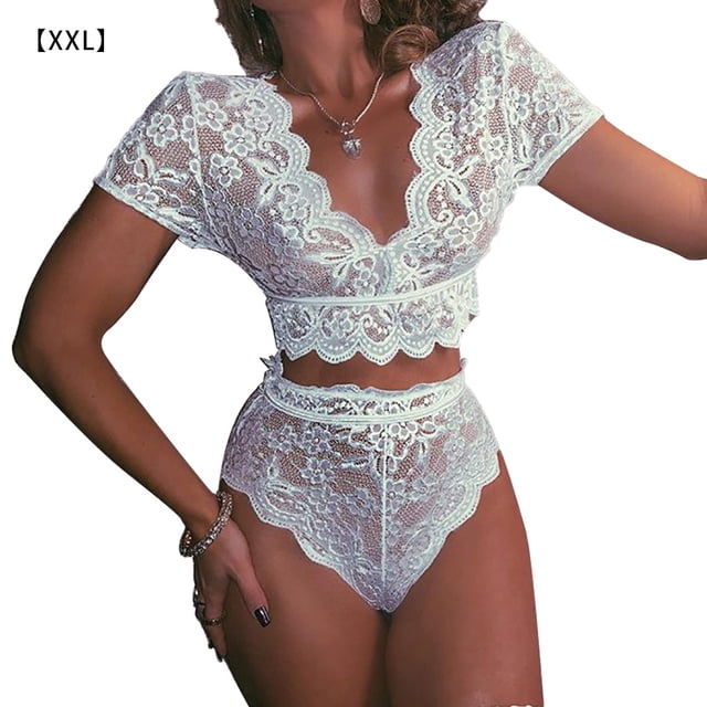 Ropa interior sexy Suave fibra elástica Gancho Flor Encantador empalme Traje sexy, XXL, Blanco Inevent XX000128-10