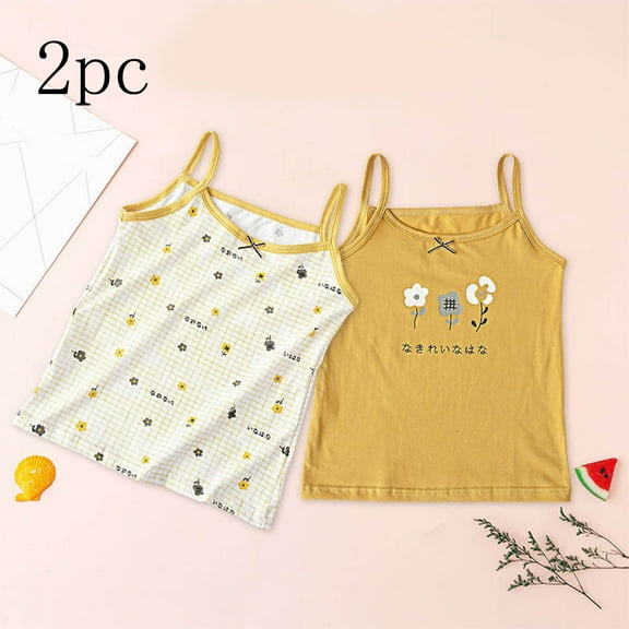 Spazoro Little and Big Girls Tank Tops Undershirts, Sleeveless Summer 2PC Floral Print Breathable 100%Cotton Camisole for Kids Girls Boys Yellow Size 11 T