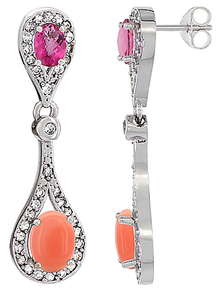 10K White Gold Natural Coral & Pink Topaz Oval Dangling Earrings White Sapphire & Diamond Accents, 1 3 8 inches long by WorldJewels