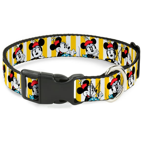 Disney Pet Collar, Dog Collar Plastic Buckle, Minnie Mouse Hat Poses Stripe Yellow White, 7 to 8.5 Inches 0.5 Inch Wide