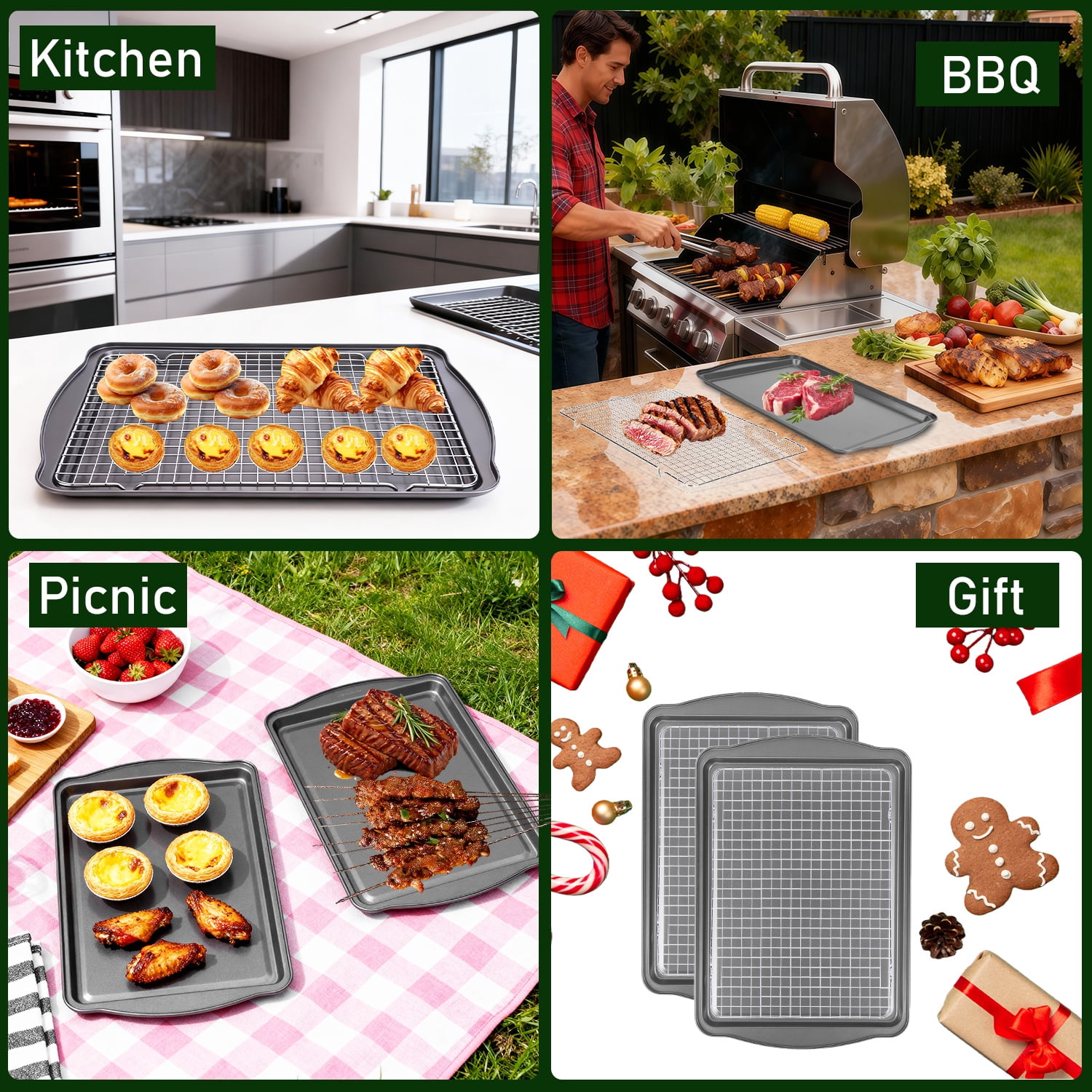 6-Piece Baking Sheets and Cooling Racks Set, Carbon Steel Nonstick Bakeware, Gray