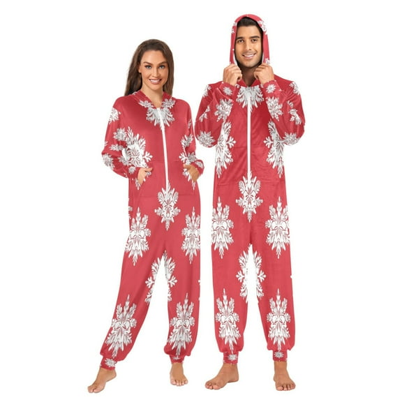 1 Piece Adult Onesie Pajamas Cozy & Loose-Fit Sleepsuit Loungewear with Pockets White Snowflakes Seamless Pattern X-Small
