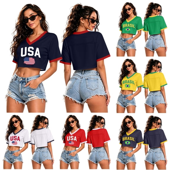 Soccer Cup 2026 Jersey Crop Tops American Soccer with V Neck Short Sleeves Featuring Breathable Fabric for Game Day Parties Tailgating Events Summer Festivals Dark Blue L