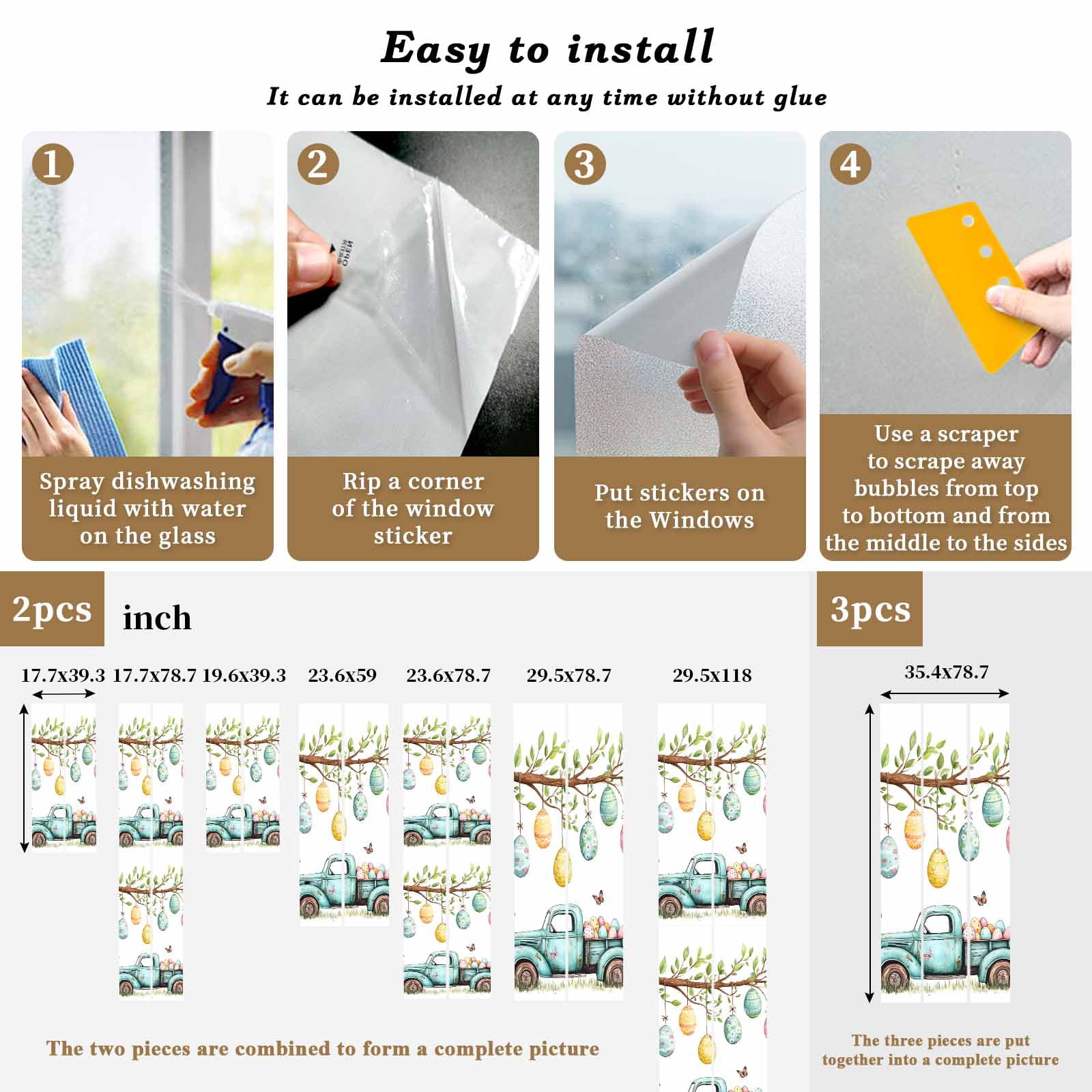Easter Eggs Window Privacy Film, Truck with Egg Frosted Glass Window Clings Static Cling UV Heat Blocking Reusable Door Sticker for Bathroom 23.6 x 59 Inch