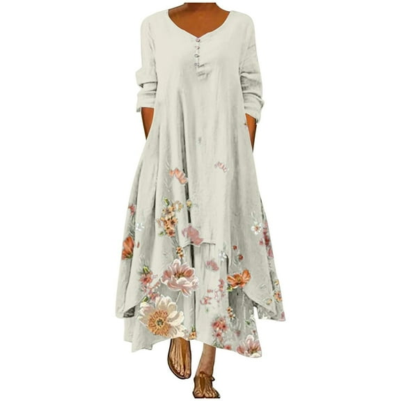 Giftesty Dresses for Women Under $10,Women's Retro Style Printed Long Sleeved Loose Hem Irregular Long Dress