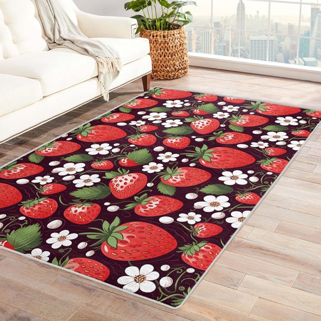 Strawberry Rugs for Living Room Bedroom - Flower Rug 4x5 - Cartoon Carpet for Home Decor - Washable Non Slip Patterned Indoor Large Area Rug - Soft & Low Pile (ZL&748)