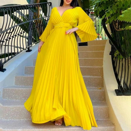 GZWYHT Dresses for Women 2025 Prom Dresses Womens Deep V Neck Plus Size Evening Dress Long Sleeves With Belt Plus Size Dresses Formal Dresses Yellow Dress Graduation Dress L