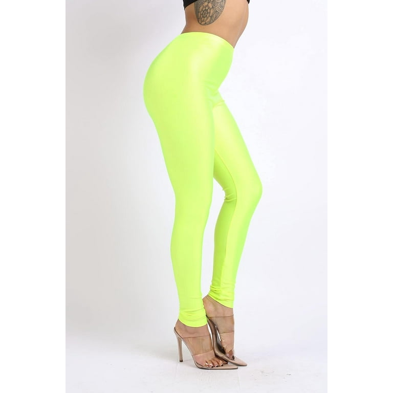 Ofenti Shiny Leggings for Women High Waist Neon Tights for Parties Raves 1X Neon Yellow