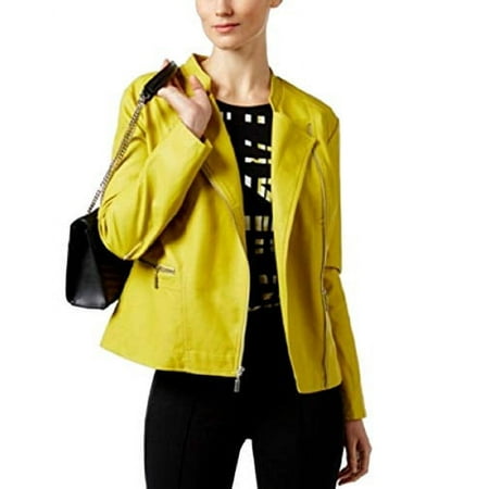 Alfani Faux-Leather Moto Jacket Womens L Petite Green outerwear MSRP $130
