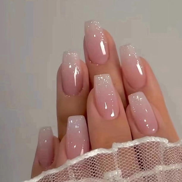 Uñas postizas con punta francesa brillante, color nude y rosa degradado, forma ataúd mediana, reutilizables, 24 unidades.