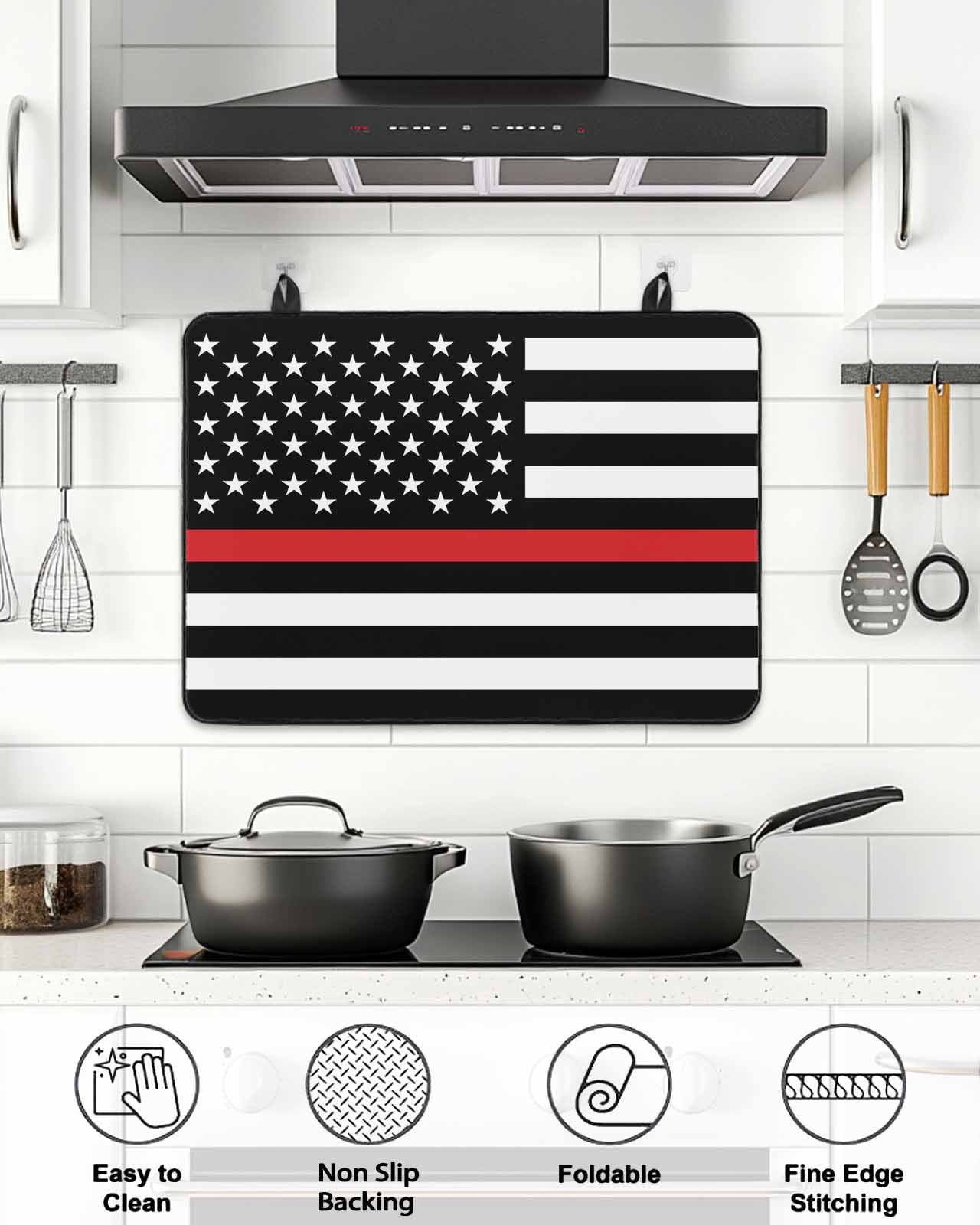 Stove Top Covers for Electric Stove, Red White Stripe Fireman American Flag Glass Stovetop Cover Protector, Fire Fighter USA Flags Induction Cooktop Protector Oven Mat for Kitchen Countertop 24"x21"