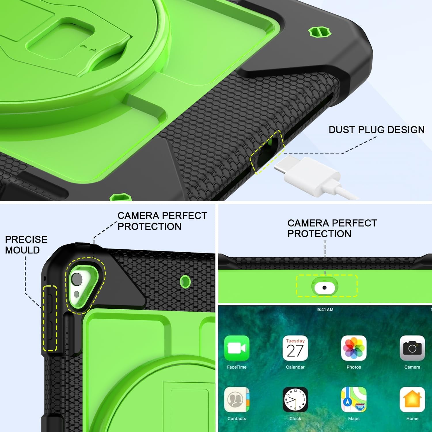BMOUO iPad 6th / 5th Generation Case,iPad 9.7 2018/2017 Case,iPad Air 2 Case,3 Layer Shockproof [360 Swivel Stand][Hand Strap][Pencil Holder] Kids Case for iPad 9.7 Inch 2018/2017 - Black+Green