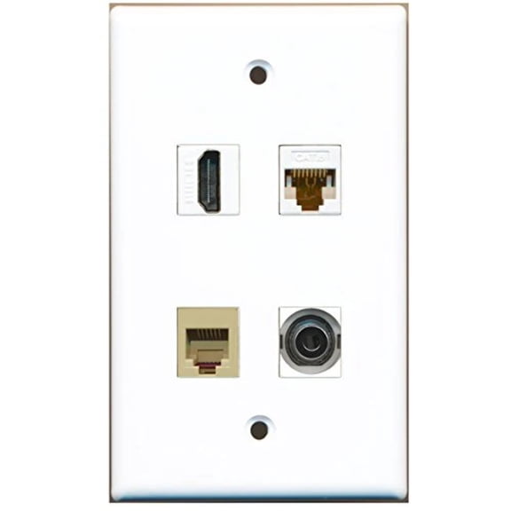 RiteAV - 1 Port HDMI 1 Port Phone RJ11 RJ12 Beige 1 Port 3.5mm 1 Port Cat6 Ethernet White Wall Plate
