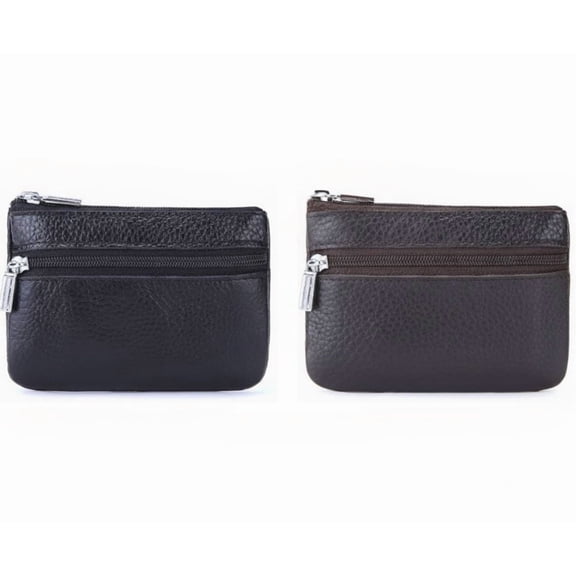 Black & Coffee Pebbled Leather Coin Purse - Double-Zip Change Pouch, Compact & Durable Small Wallet for Women, Men (Fits Coins, Mini Cards & Tiny Accessories, Ideal for Pocket/Bag Carry)