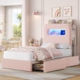 thumbnail image 3 of Homfa 2 Piece Twin Size Beds LED Bed Frame with Storage Headboard & USB Ports & Outlets, Velvet Upholstered Platform Bed Frame with 2 Drawers, Pink, 3 of 8