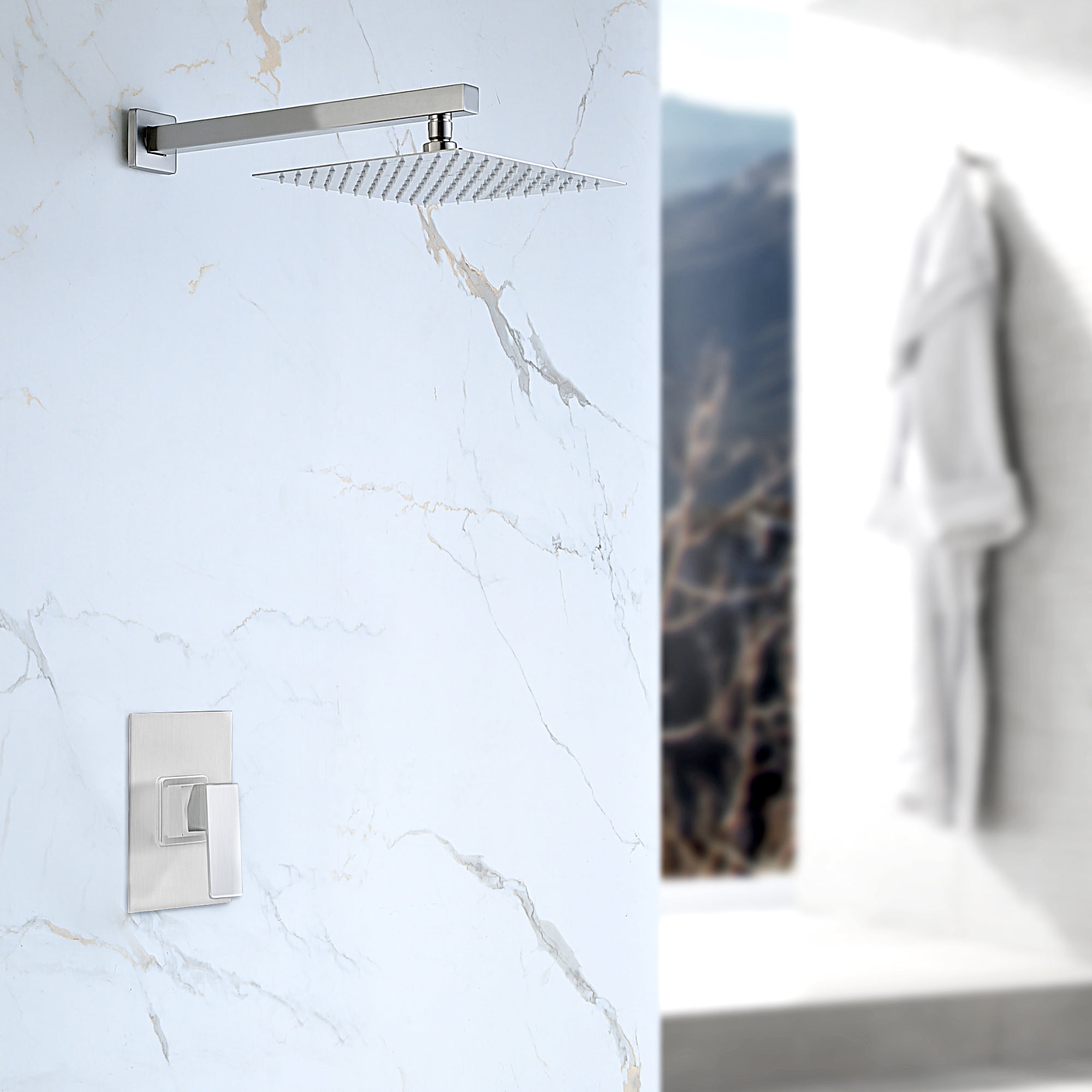 Kichae 10 inch Rain Shower Head with Shower Arm Wall-Mount Pressure Balance Valve Shower Set