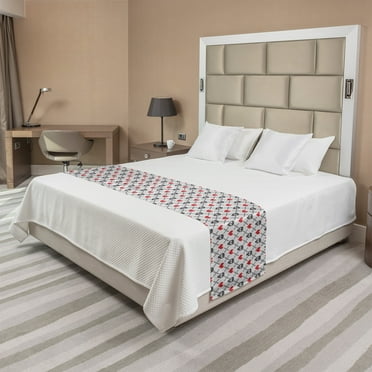 Skull Bed Runner, Geometric Skulls and Hearts Crosses Stitch Work Knitted Nordic Pattern Print, Decorative Accent Bedding Scarf for Hotels Homes and Guestrooms, King, Grey Red Coconut, by Ambesonne