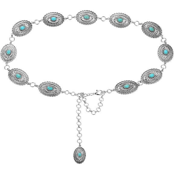 Metal Concho Belt for Women Turquoise Concho Belts Oval Round Flower Adjustable Chain for Women Dresses Jeans