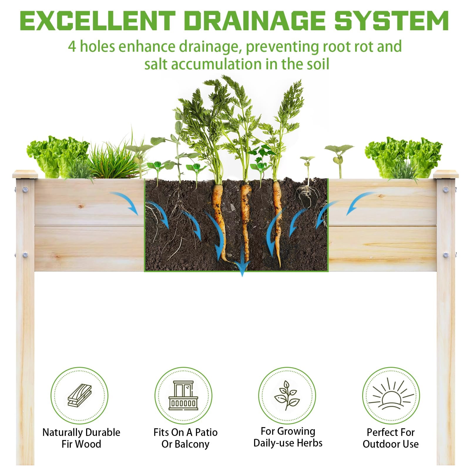 Yacona 48" x 24" x 31" Wooden Planter Box, Outdoor Raised Garden Bed with Legs, for Herbs Flowers Vegetables