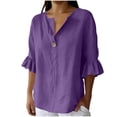 thumbnail image 2 of Naotn Ruffle 3/4 Sleeve Linen Shirts for Women Summer Casual Solid Color Button V Neck Tunic Tops, 2 of 8