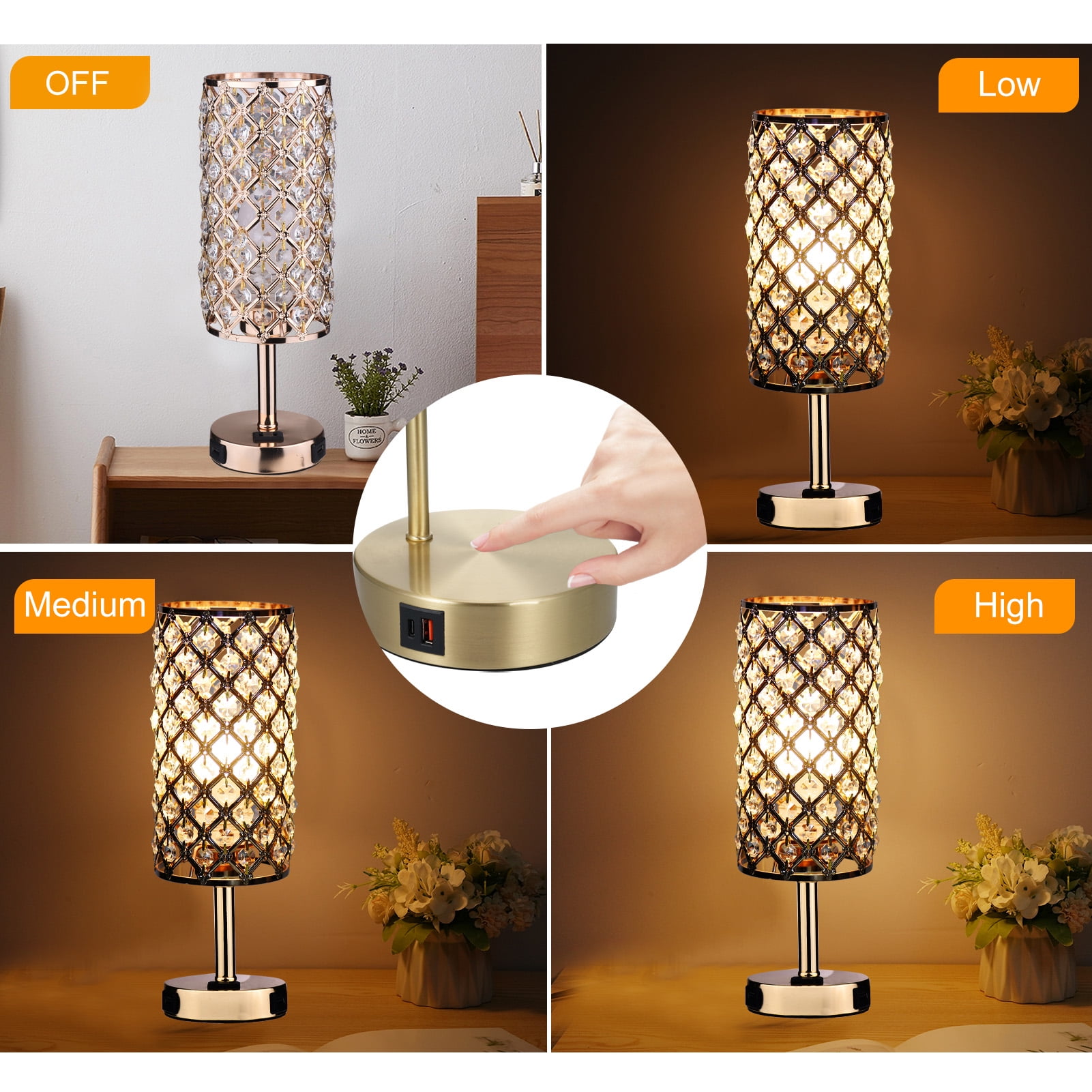 Neoglint 13-inch Crystal Touch Control Table Lamps, Set of 2 Gold Nightstand Lamps with USB C/A Ports & AC Outlet, 3-Way Dimmable Modern Bedside Lamp for Bedroom (Bulbs Included)