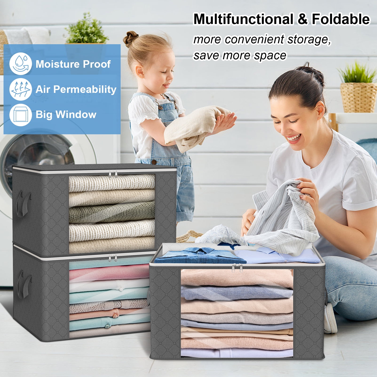 Scidweet 6PCS Closet Organizers and Sturdy Storage Bags with Clear Window 90L Large Capacity Clothing Comforters Room Storage Bags for Clothes, Blankets, Bedroom