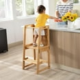 thumbnail image 2 of 4-in-1 Standing Tower for Toddlers and Kids 1-6 Years, Bamboo Kitchen Learning Helper Stool with Chalkboard, Desk Table, and Chair (Natural), 2 of 6