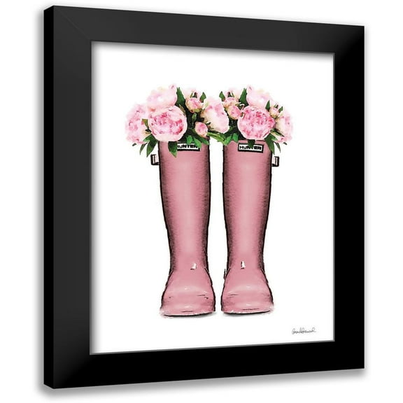 Greenwood, Amanda 12x14 Black Modern Framed Museum Art Print Titled - Pink Rain Boots with Peony