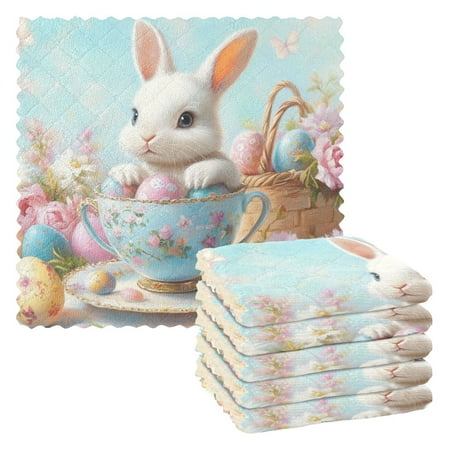 

6 Pack Kitchen Dish Towels 11 Inch x 11 Inch Reusable Cleaning Cloths for Washing Dishes Dish Cloths for Drying Dishes Bunny and Easter Teacup