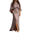 thumbnail image 2 of Womens Satin Formal Maxi Dress Batwing Sleeve Ruched Waist Side Slit Evening Gown with Pockets, Elegant Wedding Guest Dress for Party Banquet Prom Taupe XL, 2 of 6