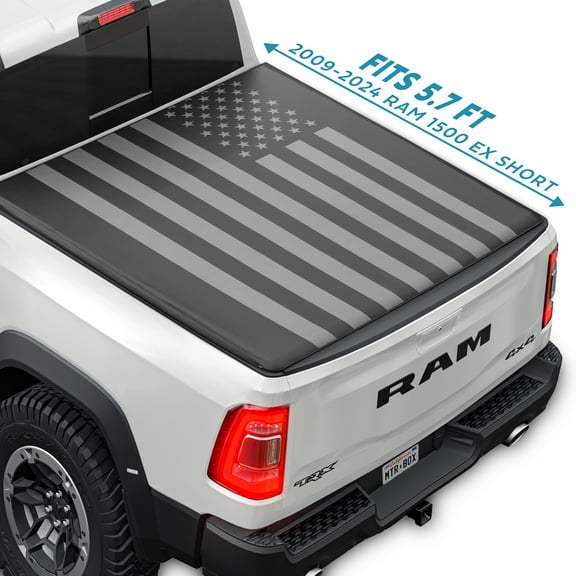 MotorBox Soft Roll-Up Truck Tonneau Cover for Ram 1500 (2009-2024) /  Ram 2500 & 3500 (2009-2024) with Extra Short 5.7 ft Bed Length, All-Weather Retractable Truck Bed Cover with Black Flag Graphic
