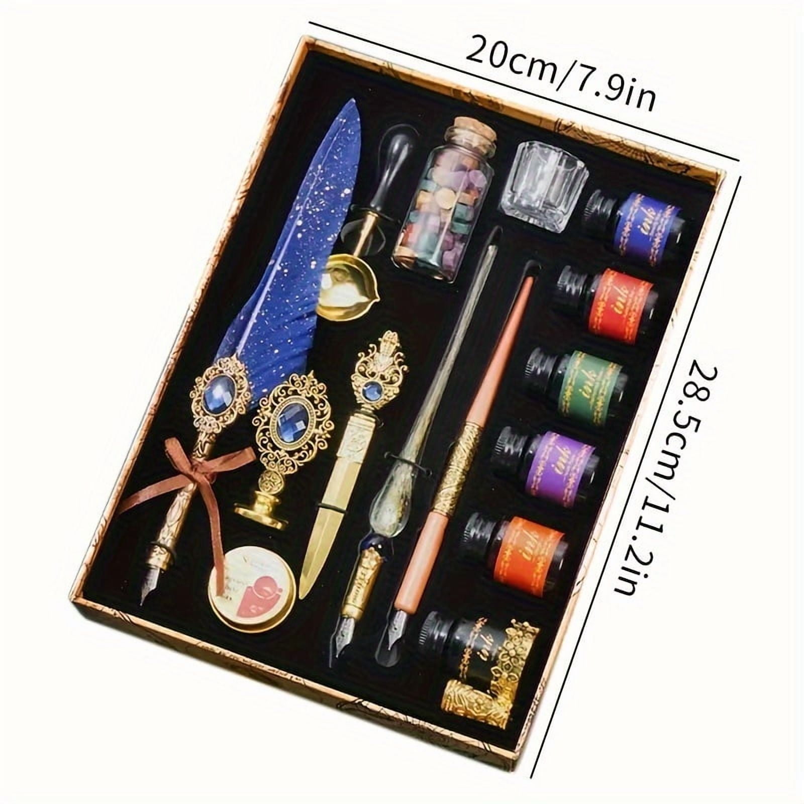 1Set Quill Pen And Ink Set Vintage Pen Calligraphy Set-Antique Gemstone Feather Pen Set With Dip Pen Fire Lacquer Wax Beads Spoon Seal Stamp Candle Pen Base Cup, Christmas Thanksgiving Halloween Gift