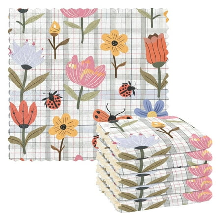 

6 Packs Flowers and Ladybirds Kitchen Dish Towels Soft Absorbent Dish Cloths 11 x11