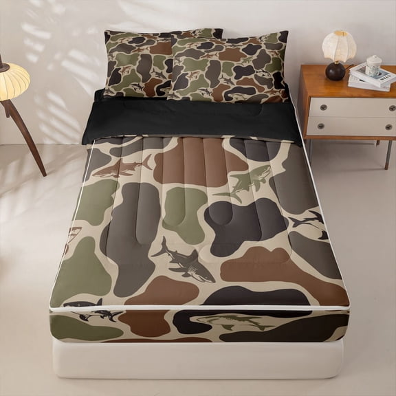 Homewish Green Camouflage Zipper Twin Comforter Sets with Fitted Sheet and 2 Pillowcases,Cute Cartoon Shark Rustic Farmhouse Camo Zipper Bedding Set For Kids Boys,Black Reversible,4-Piece