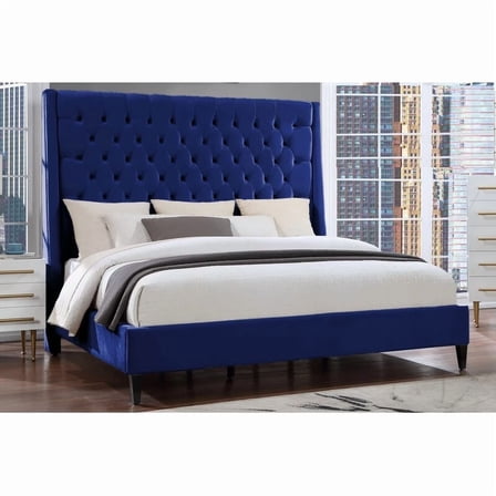 Bedroom Furniture 1 Pc Queen Upholstered Platform Bed with Tufted Wing Back Headboard, Blue