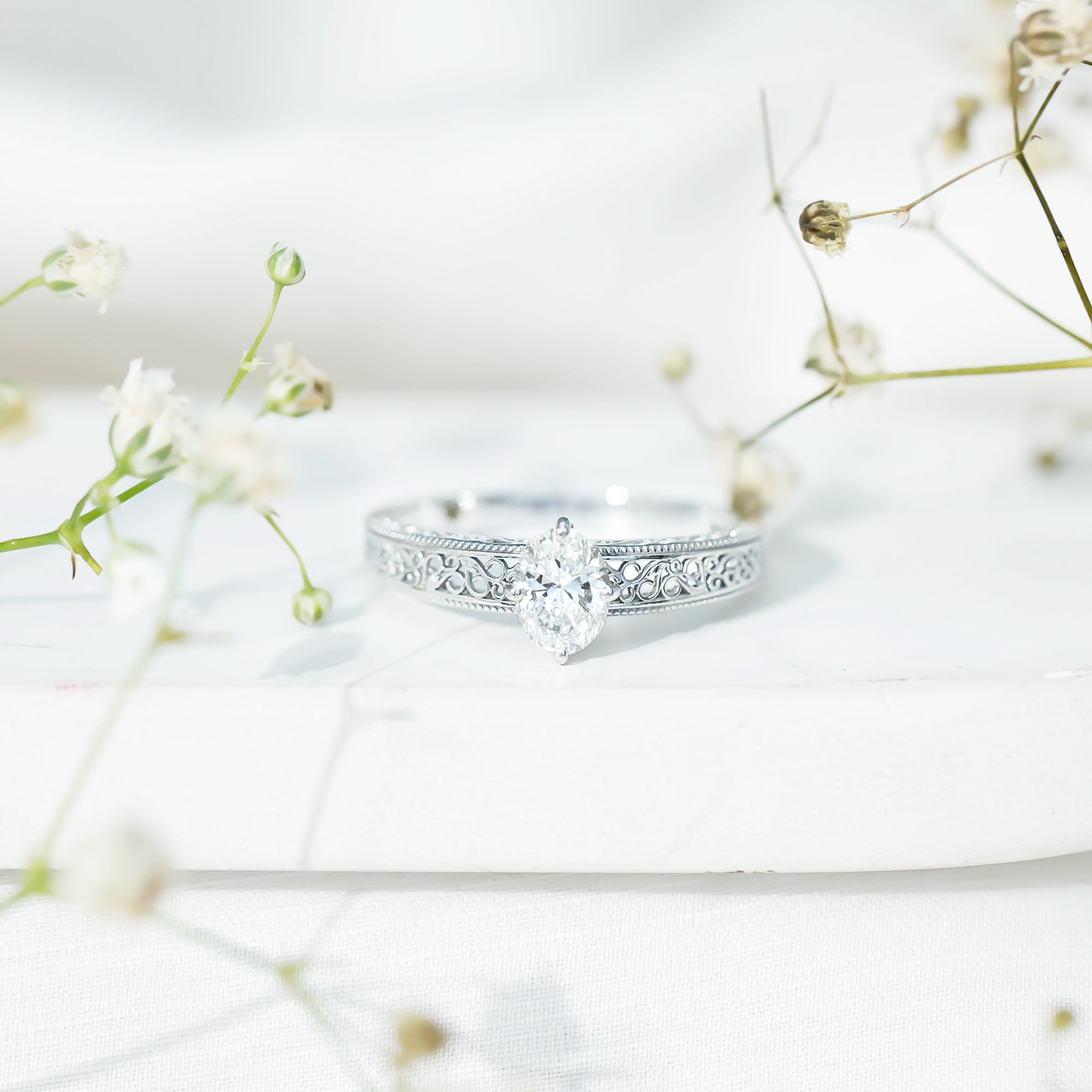 Rosec Jewels Vintage Inspired Lab Diamond Oval Engagement Ring - 1 Carat - Ready To Gift for Women, 14K White Gold, US 6.50