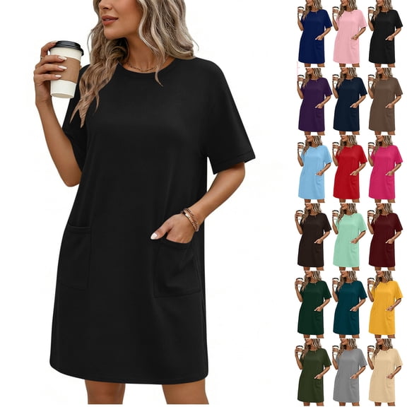Women’s Casual T Shirt Dress Short Sleeve Crewneck Loose Fit Summer Mini Dress with Pockets Soft Lightweight Comfortable Daily Wear for Home Travel Shopping
