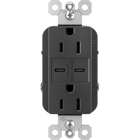 Legrand radiant R26USBCC6BK 15 Amp Tamper-Resistant Decorator Duplex Receptacle Outlet with Ultra Fast USB C/C 6.0A Charging Ports, Black (1 Count)