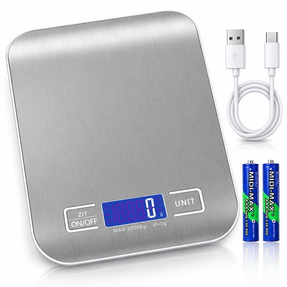 QOPR Digital Kitchen Scale, Stainless Steel, 10 kg/22 lb Capacity, 1 g Accuracy, Usb Rechargeable, Tare Function, Multi-Unit