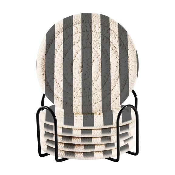 Haosy Set of 6 Drink Woven Coaster with Holder Heat Resistant Non-Slip Bar Coasters 4 Inches Dark Gray and White Striped