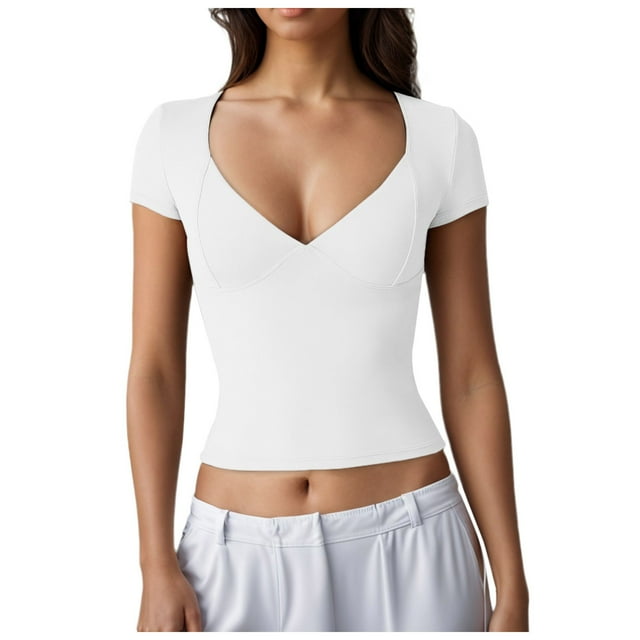 T-Shirt Ajusté à Manches Courtes et Col en V pour Femmes - Tissu Extensible, Design de Tasse Cousue