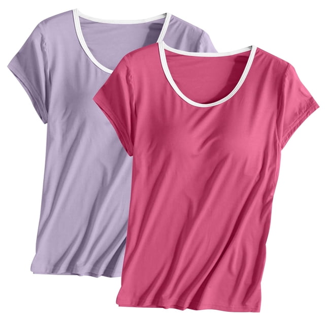 TIMIFIS Ensemble 2 Pcs pour Femmes en Modal avec Soutien-Gorge Intégré Hauts de Pyjama Couleur Unie Col Ras du Cou T-Shirt à Manches Courtes Tenue d'Intérieur