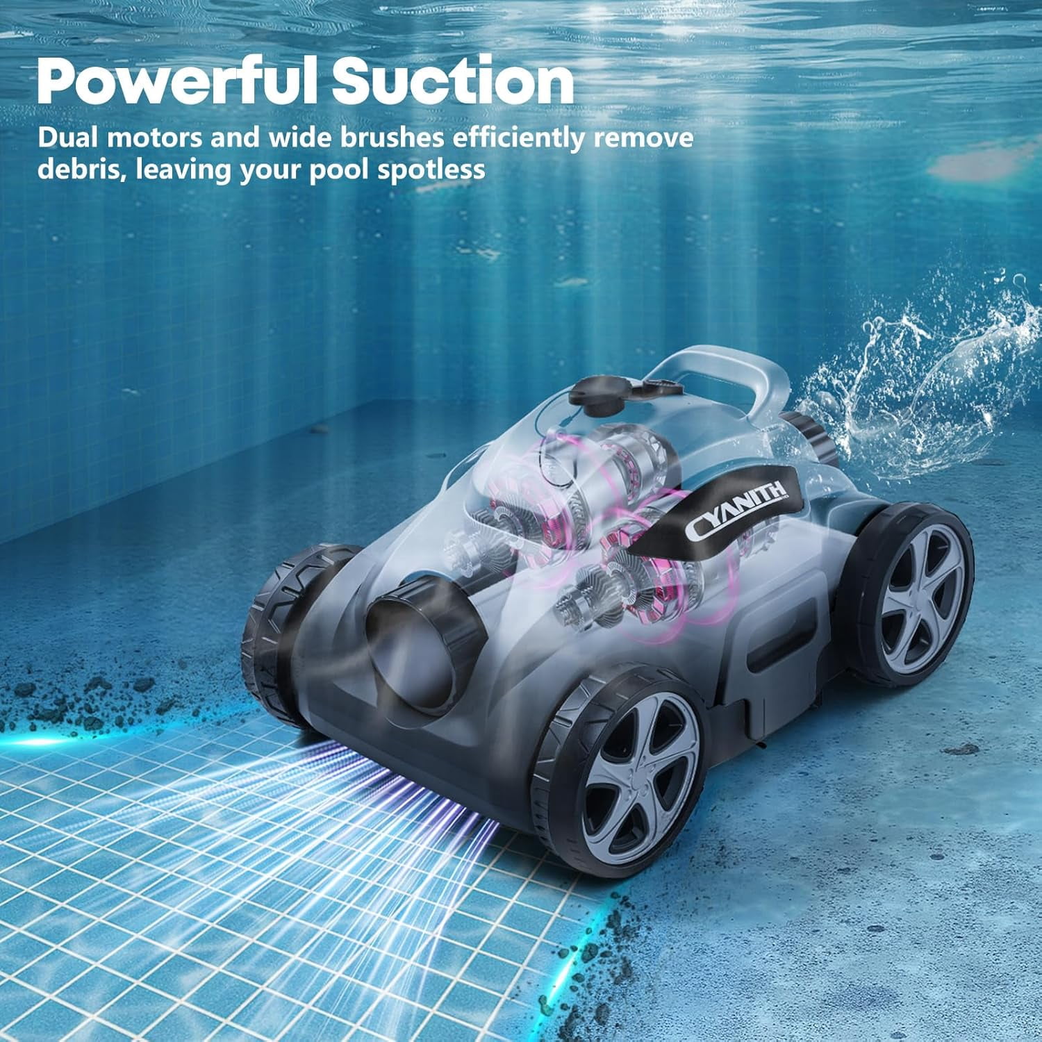Cyanith MF-PC01 Cordless Robotic Pool Cleaner, 110-Min Runtime, Self-Parking, for Above-Ground & Flat-Bottom Inground Pools up to 1026 sq ft, Gray