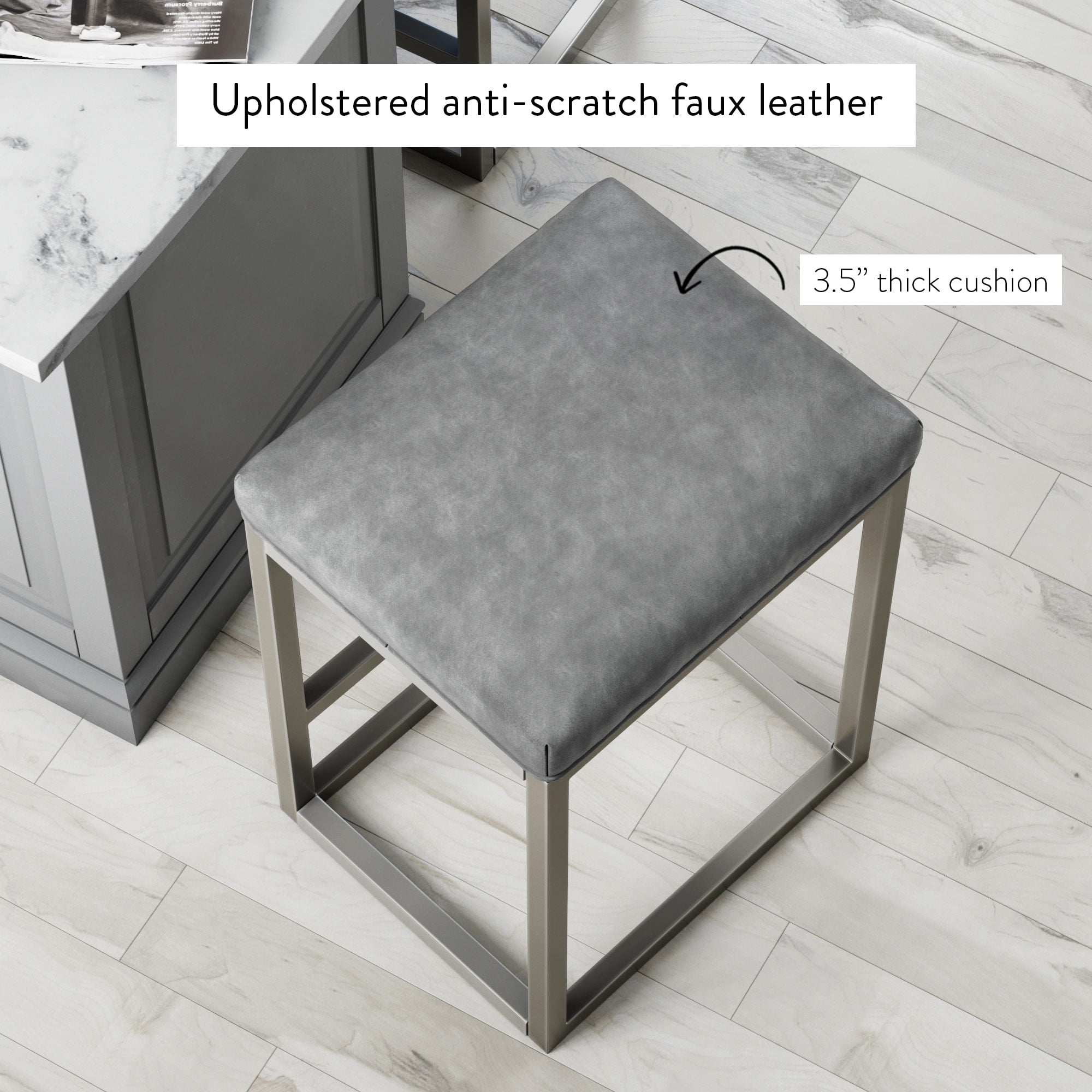 Nathan James Nelson Bar Stool with Leather Cushion and Metal Base, 24", Gray/Stainless Steel