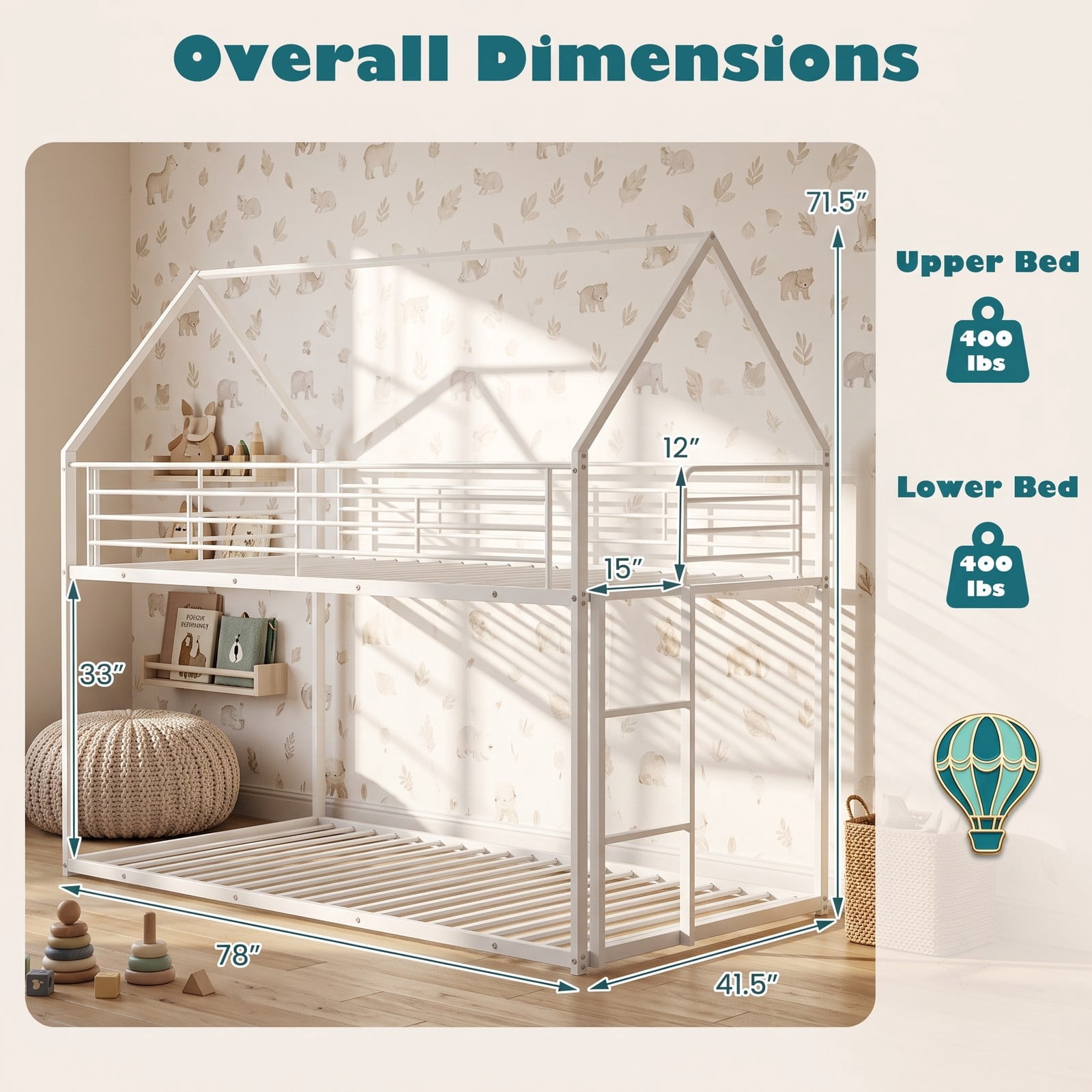 Furnibear Twin Over Twin Metal House Bunk Bed with Roof Ladder and Full-length Guardrails for Kids and Shared Rooms, White