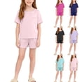 thumbnail image 1 of Ashirexll Vêtements d'Été pour Filles Couleur Unie Col Rond Manches Courtes Haut de Mode avec Shorts Longs Ensemble Décontracté, 1 of 5